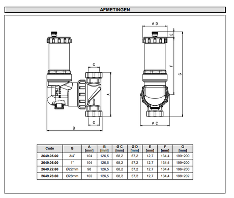 RBM Airterm UP
Luchtafscheider 28mm met draaibare aansluiting Serie 2649 Afmetingen technische tekening | CVketel.nl