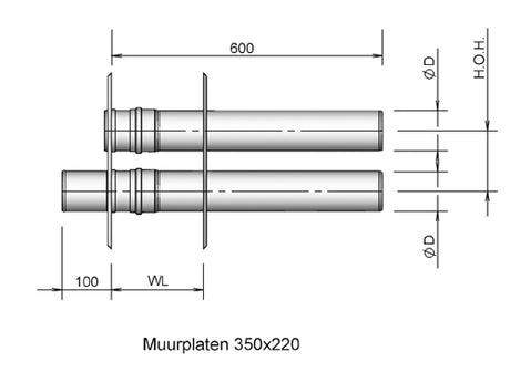Burgerhout Muurdoorvoer 2-pijps 80/80 453881  lijntekening 02 Gratis verzending door heel Nederland vanaf €150,- in de btw Nergens goedkoper te krijgen dan bij ons. | CVketel.nl